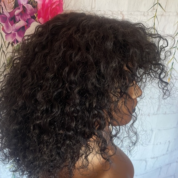 💕 12” HUMAN HAIR SHORT Curly Wig With Bangs FULL CAP WITH BAND & lace top part - Picture 7 of 17